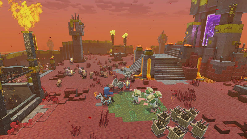 Battling against the Piglins in Minecraft Legends. The player character rides a blocky horse from an isometric perspective as they collect resources while surrounded by Piglins.