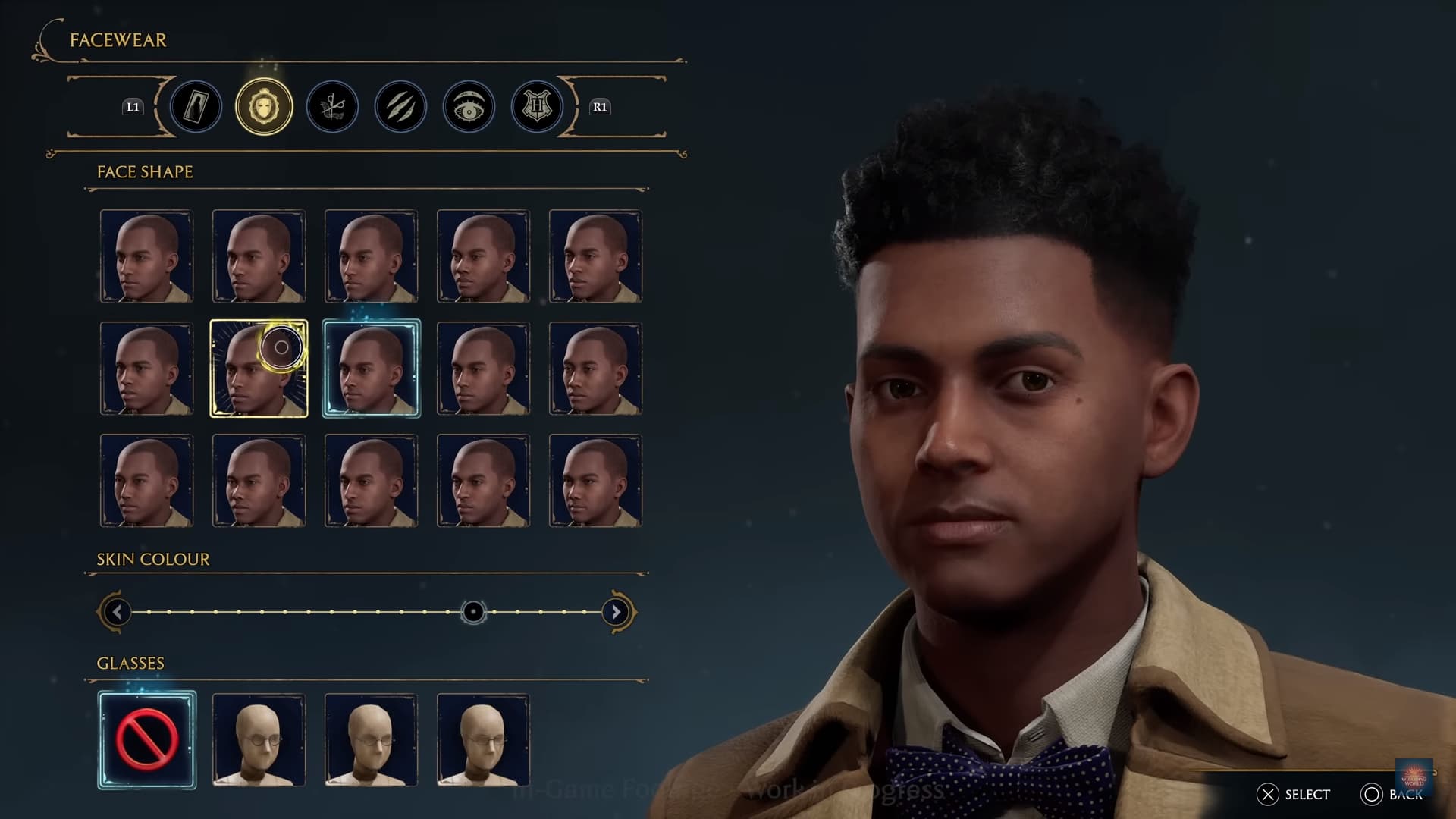 Character creator in Hogwarts Legacy. A customizable student is on the right side of the image, with several options on the left that will change the character's appearance.