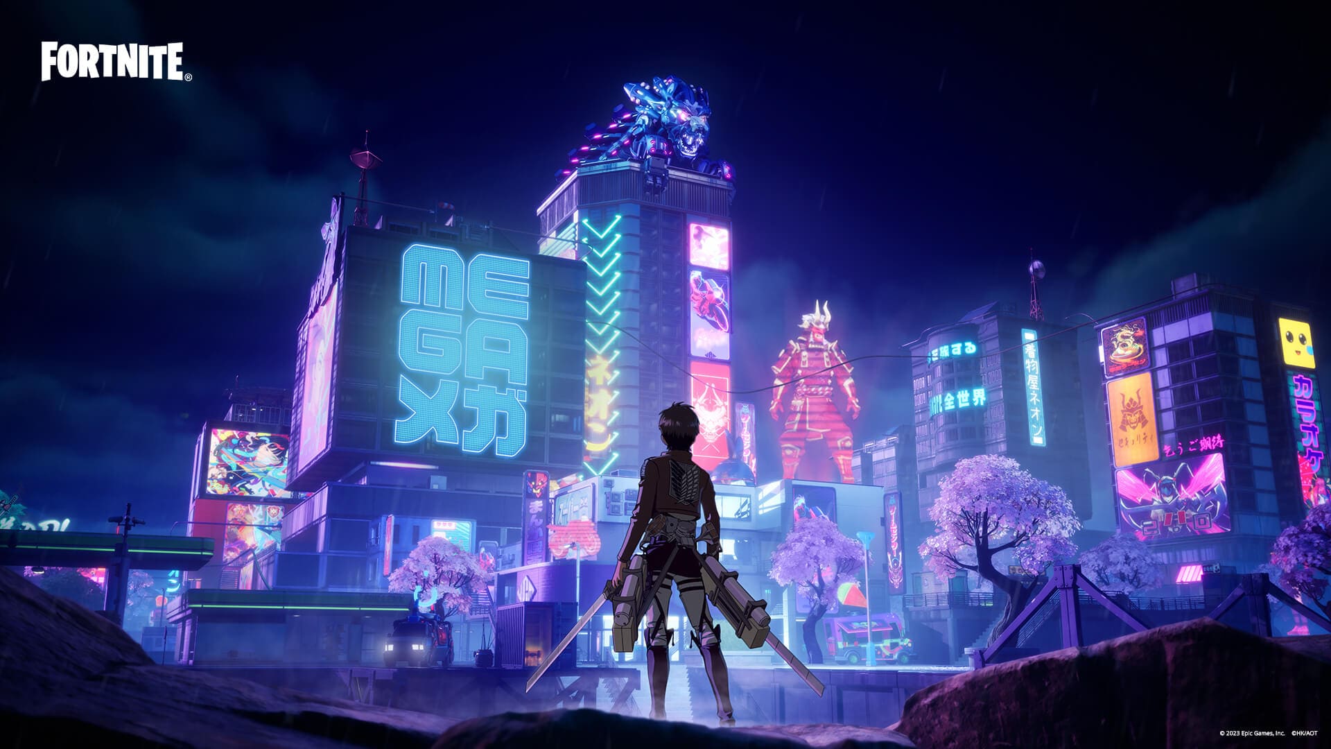 In Fornite a character from the Attack on Titan anime stands facing a sprawling futuristic city.