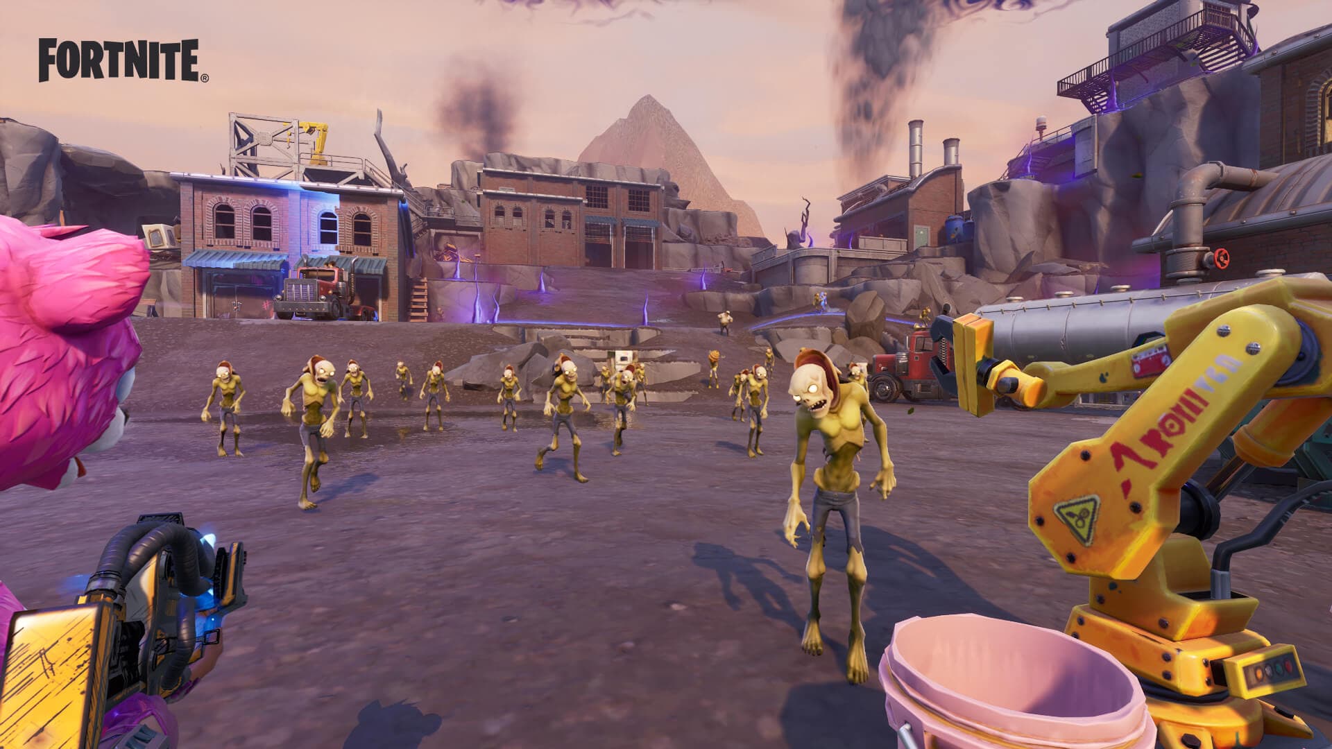 A player wearing a pink bear head stands off against a horde of zombies in Fortnite's Save the World mode.