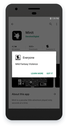 Where to find ESRB Ratings. Precaution for game Minit on google play